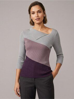 Purple Gray Colourblock Pleated Pleats Springy Stretchy Long Sleeve Top - Small